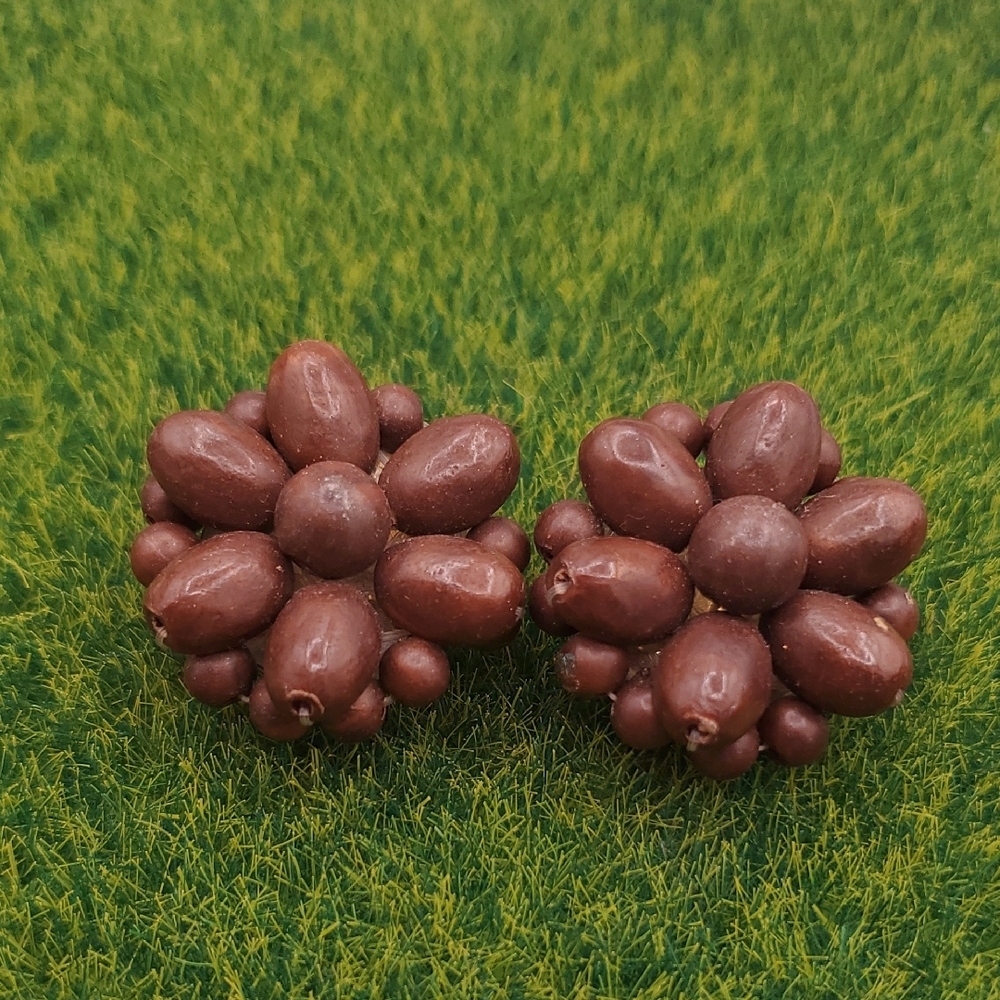 West Germany Antique Clip On Brown Beaded Flower Earrings E2169